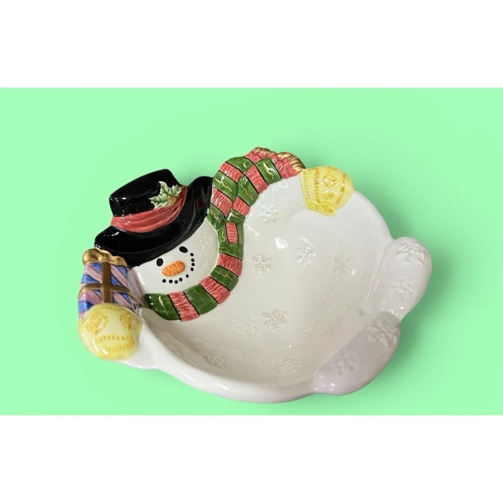 Fitz & Floyd Frosty Folks Snowman Candy Bowl Dish Winter Holiday Christmas Decor